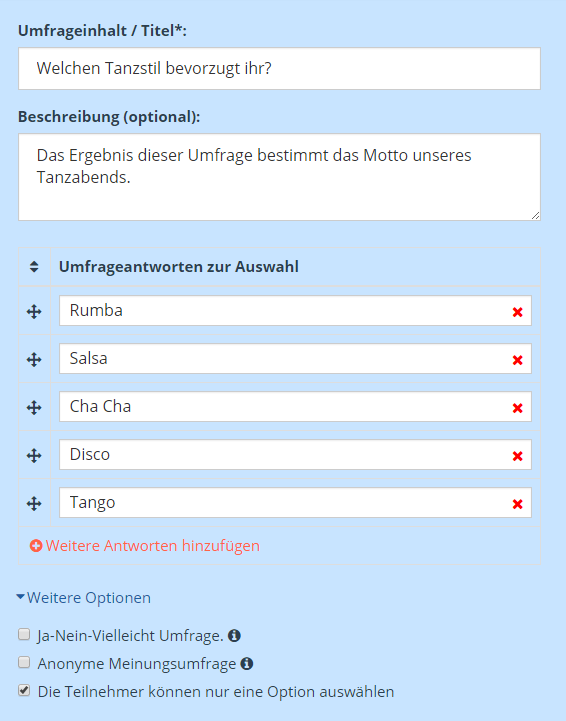 Umfrage App - Einrichten einer Meinungsumfrage