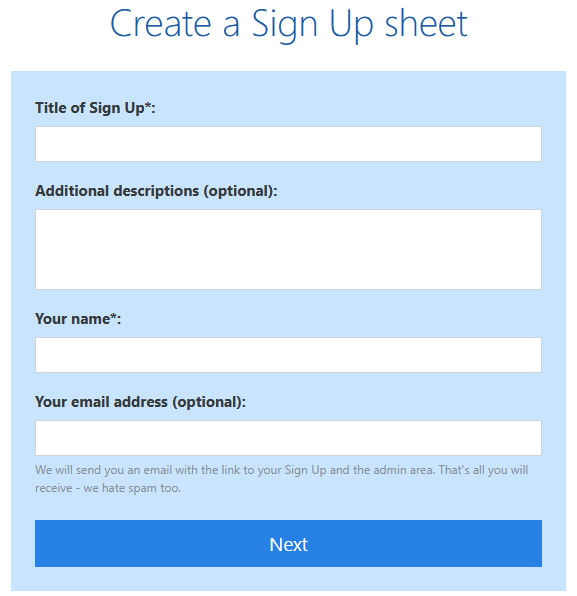 Sign Up sheet wizard - enter details