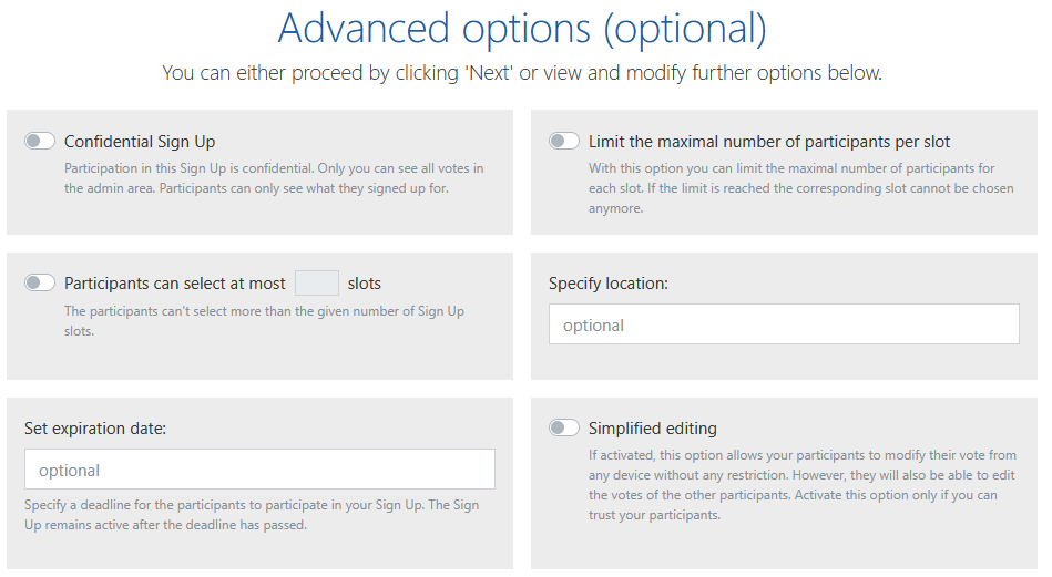 Sign Up sheet wizard - advanced options