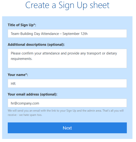 Team building Sign Up sheet - enter details