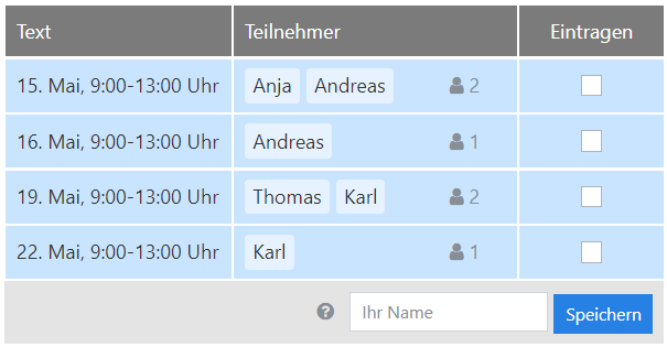 Eintragungslisten für Freiwilligen-Management, Sportveranstaltungen, Businessveranstaltungen und mehr