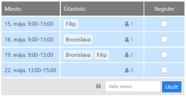 Registračné hárky pre manažment dobrovoľníkov, športové podujatia, obchodné podujatia a ďalšie
